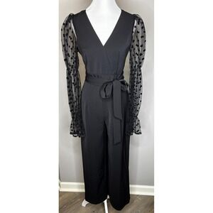 Petal + Pup Black V-Neck Mesh Long Sleeve Wide Leg Jumpsuit Polkadot Party Sz 2